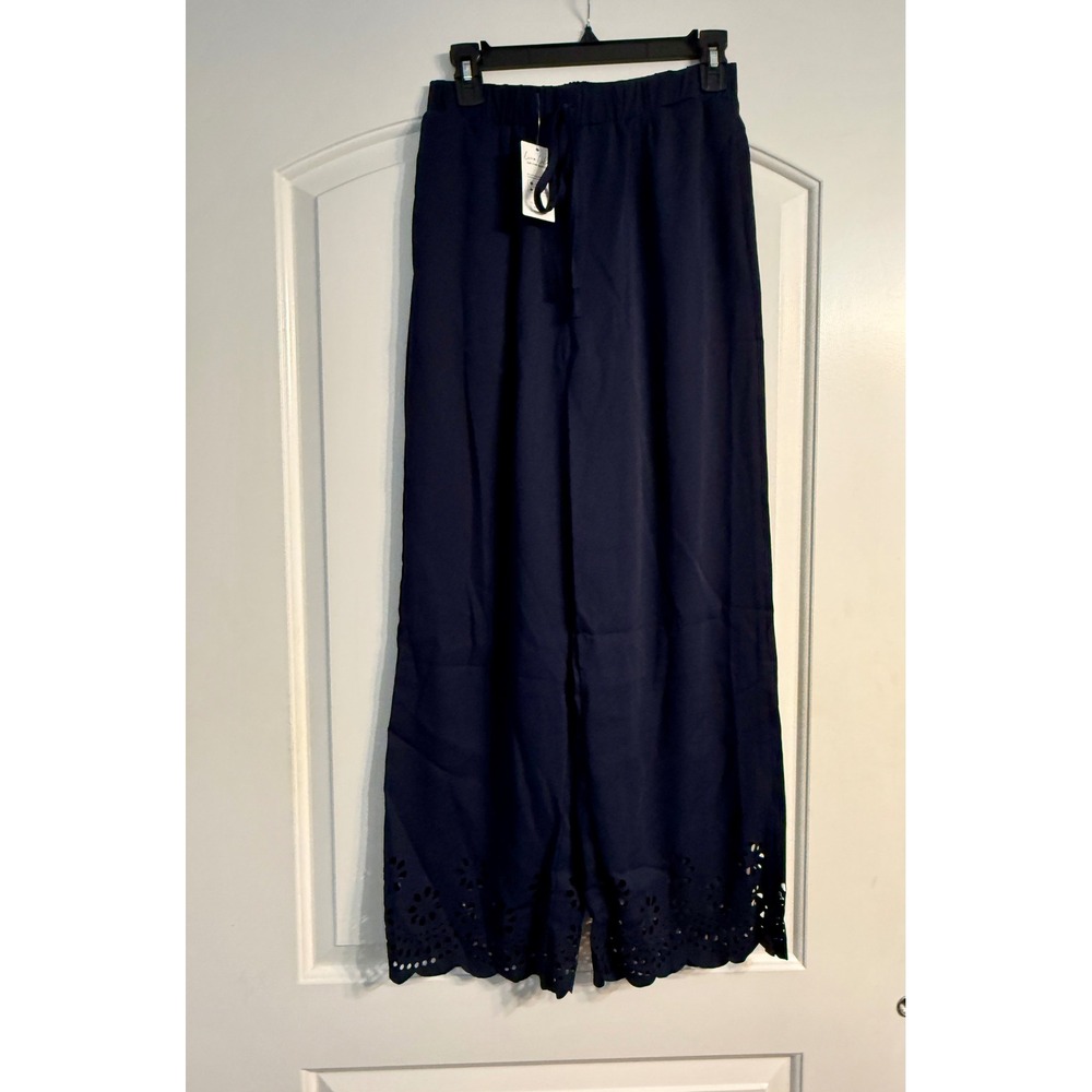 Cupshe Wide Leg Pants Small Navy Blue Boho NEW Eyelet Scalloped Hem Drawstring